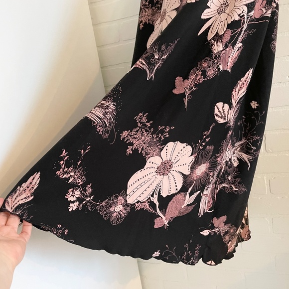 Vintage 90s Y2K Maxi Skirt Dark Floral Fairy Lettuce hem Black Pink Romantic 1X - Picture 6 of 9